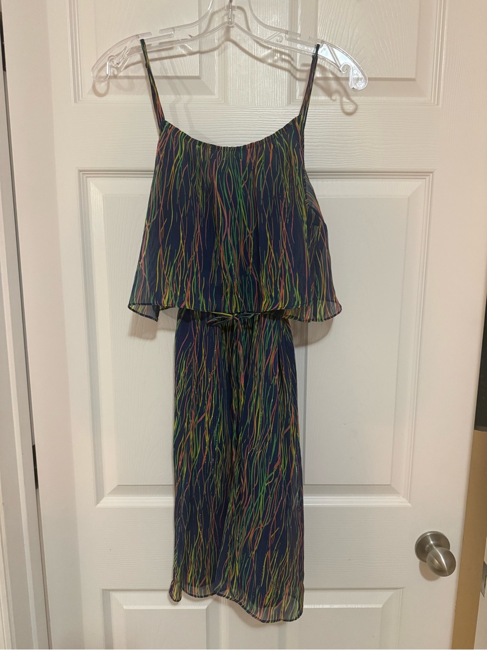 Julie Brown Navy Dress with Neon Wavy Stripe Accents